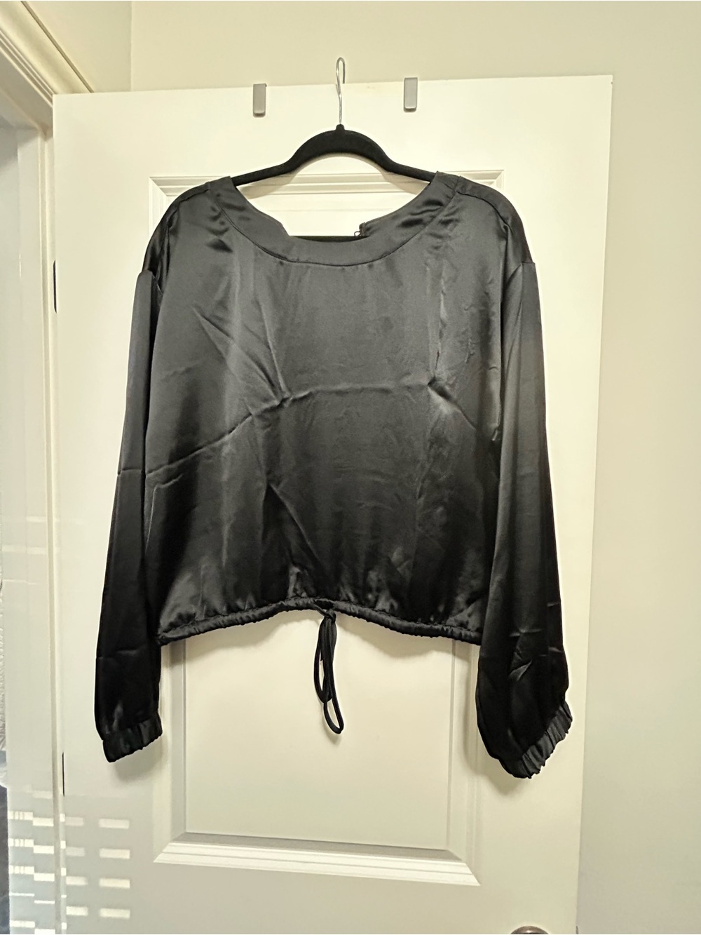 LOFT Black Satin Long-Sleeve Drawstring Hem Top